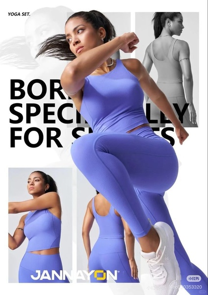 A high-conversion 3:4 creative showcasing a yoga set from multiple angles, emphasizing product fit and movement through a clean, studio-lit aesthetic.